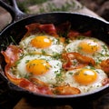 scrambled eggs with yolk in a pan with bacon, herbs and cheeses.