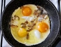 Scrambled three eggs with fried onion. Dish on a frying pan Royalty Free Stock Photo