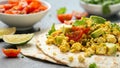 Scrambled Tofu Tacos with avocado, tomatoes and green herbs. Healthy Vegan Breakfast.