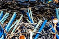 Scrap. Close-up of construction metal waste dump. Pile of pipes and galvanized profile. Background.