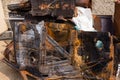 Scrap metal in railway cars.. Scrap yard, metal rubbish stock. Royalty Free Stock Photo