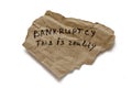 A scrap of torn paper with the word bankruptcy