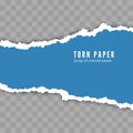 Scrap of torn white paper with shadow. Damaged cardboard borders. Vector illustration isolated on transparent background