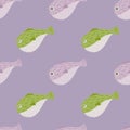 Scrapbook aqua seamless pattern with grey and green colored puffer fish print. Pastel purple background