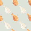 Scrapbook aqua seamless pattern with orange and white colored fugu fish print. Blue background. Seafood backdrop