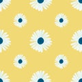 Scrapbook botanic seamless pattern with simple white daisy flowers ornament. Yellow pastel background