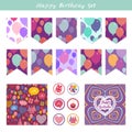 Scrapbook Design Elements. Birthday, baby shower, party design. Seamless pattern with balloons and happy birthday card. Purple pin Royalty Free Stock Photo