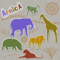 Scrapbook elements. Animals from Africa, cartoon patchwork elements on beige background.