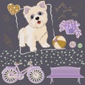 Scrapbook elements. Cartoon cute puppy, bicycle, hearts, buttons, flowers on dark grey background. Royalty Free Stock Photo
