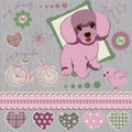 Scrapbook elements. Cartoon cute puppy, bicycle, hearts, buttons, patterns on grey background. Royalty Free Stock Photo