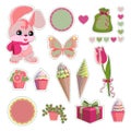 Scrapbook elements by crimson, pink, green colors with rabbit, cupcakes, ice cream, gift, tulip, butterfly.