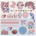 Scrapbook elements with cupcakes, butterflies, hearts, flowers, cartoon cute rabbit, squirrel. Royalty Free Stock Photo