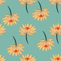 Scrapbook flora seamless pattern with simple orange daisy flowers elements. Blue background. Doodle print