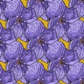 Scrapbook seamless pattern with big purple orchid flowers outline flowers. Orange background. Simple style Royalty Free Stock Photo