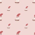 Scrapbook seamless pattern with cartoon steamship elements. Pink pastel background. Funny print