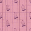 Scrapbook seamless pattern with purple bird cage contour ornament on pink chequered background Royalty Free Stock Photo
