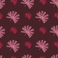 Scrapbook tropic seamless pattern with pink folk licuala palm ornament. Dark maroon background