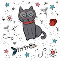 Cat Pet with hearts in the eyes. Vector illustration, illustration isolated. Cartoon vector Doodle illustration Royalty Free Stock Photo
