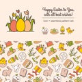 Scrapbooking Set with Seamless Pattern of Linear Easter Icons and Spring Celebration Elements. Simple Images with a