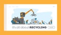 Scrapmetal Recycle Industry Landing Page Template. Characters Bring and Recycling Old Metal Things and Broken Technique