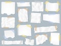 Scraps paper on adhesive tape. Vintage torn papers on sticky tapes, scrap pages frames and craft paper note page vector Royalty Free Stock Photo