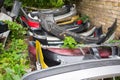 Scrapyard of bumpers. Motor-car dump, cemetery. Royalty Free Stock Photo