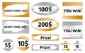 Scratch card lottery lucky winning ticket text set Royalty Free Stock Photo