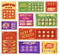 Scratch cards, instant lottery card, lucky jackpot winner tickets. Lotto and bingo game winning ticket, scratchcard Royalty Free Stock Photo