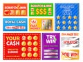 Scratch cards. Realistic color tickets. Erasable layer. Different gaming coupons. Lucky chance. Gambling instant lottery