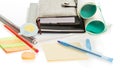 Scratch paper, handle, pencil and elastic band Royalty Free Stock Photo