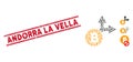 Scratched Andorra La Vella Line Seal and Mosaic Bitcoin Fork Icon