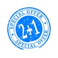 Scratched blue round stamp with the inscription - Special Offer 2 + 1 - Vector