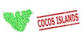 Scratched Cocos Islands Watermark and Green People and Dollar Mosaic Map of Moorea Island
