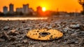 Dirty, scratched data disc lying among dry rocks with a city skyline and golden sunset in the background, symbolizing data loss Royalty Free Stock Photo