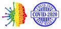 Scratched Covid-2020 Stamp and Spectrum Coronavirus Man Head Mosaic Icon of Round Dots