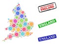 Scratched England Stamps and Bright Bacterium England Map Mosaic Royalty Free Stock Photo