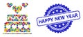 Scratched Happy New Year Stamp and Multicolored Collage Marriage Cake