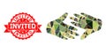 Scratched Invited Stamp Seal and Fair Trade Handshake Polygonal Mocaic Military Camouflage Icon