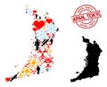 Scratched Japan, Tokyo Stamp and Heart Men Vaccine Collage Map of Osaka Prefecture