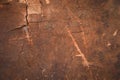 Scratched plywood, old wood texture, brown background. Dirty paper, panel surface. Vintage wooden frame. Shabby, cracked board, Royalty Free Stock Photo