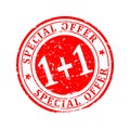 Scratched red round stamp with the inscription - Special Offer 1 + 1 - Vector