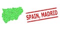 Scratched Spain, Madrid Stamp and Green Men and Dollar Mosaic Map of Jaen Spanish Province