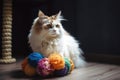 scratching post with colorful plush toy for cat