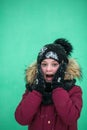 Scream - little fun girl outdoor in amazing winter.