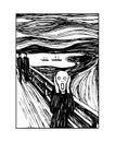 Scream, masterpiece by Norwegian artist Edvard Munch, landscape with a human figure, bridge & fjord