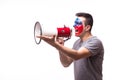 Scream on megaphone Czech on football fan in game supporting of Czech Republic Royalty Free Stock Photo