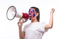 Scream on megaphone Icelander football fan in game supporting of Iceland national team