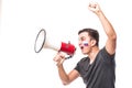 Support Russia. Scream on megaphone Russian football fan in game supporting of Russia national team on white background. Football Royalty Free Stock Photo