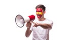 Scream on megaphone Spain football fan in game supporting of Spain Royalty Free Stock Photo