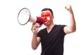 Scream on megaphone Turk football fan in game supporting of Turkey Royalty Free Stock Photo